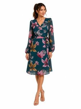 NWOT Allegra K Teal Floral Long-Sleeve Wrap Dress Tie Waist Overlay Dress Size S